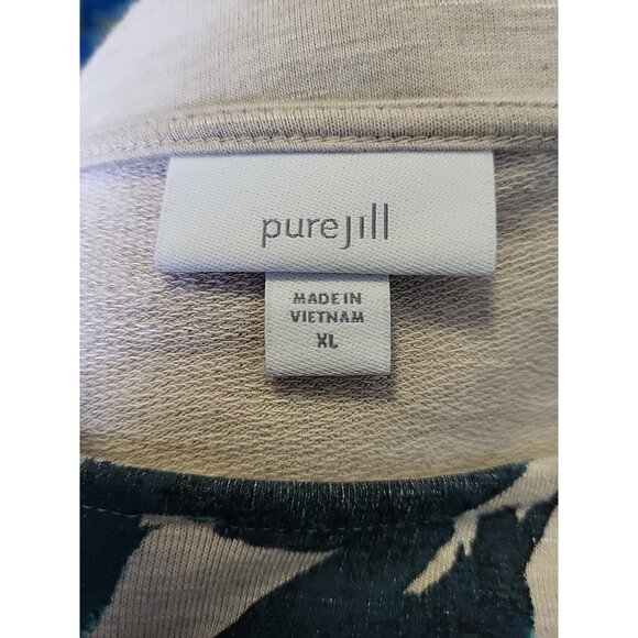 PureJill J Jill Tunic Top Tan Blue Leaf Print Boat Neck Button XL Oversized - Picture 7 of 7